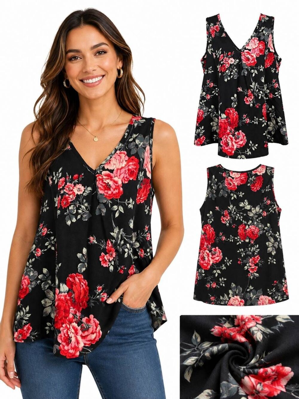 Unbranded Size L Black Red Floral V-Neck Tunic Blouse - Picture 1 of 7